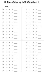 10 Multiplication Table up to 10 Worksheets set Printable Black and White