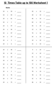 10 Multiplication Table up to 100 Worksheets set Printable Black and White