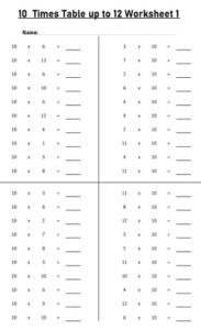 10 Multiplication Table up to 12 Worksheets set Printable Black and White