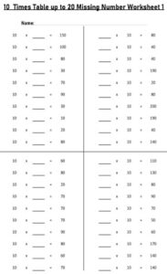 10 Multiplication Table up to 20 missing number Worksheets set Printable Black and White