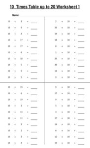 10 Multiplication Table up to 20 Worksheets set Printable Black and White