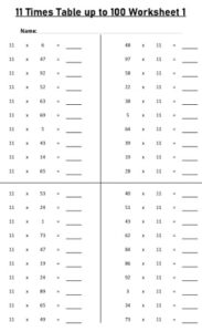 11 Multiplication Table up to 100 Worksheets set Printable Black and White
