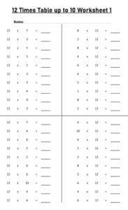 12 Multiplication Table up to 10 Worksheets set Printable Black and White