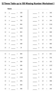 12 Multiplication Table up to 100 missing number Worksheets set Printable Black and White