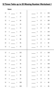 12 Multiplication Table up to 20 missing number Worksheets set Printable Black and White