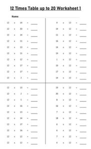 12 Multiplication Table up to 20 Worksheets set Printable Black and White