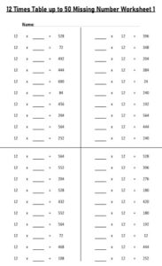 12 Multiplication Table up to 50 missing number Worksheets set Printable Black and White