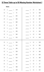12 Multiplication Table up to 50 missing number Worksheets set Printable Black and White