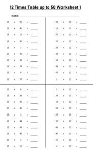 12 Multiplication Table up to 50 Worksheets set Printable Black and White