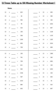 13 Multiplication Table up to 100 missing number Worksheets set Printable Black and White