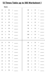 13 Multiplication Table up to 100 Worksheets set Printable Black and White