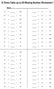 13 Multiplication Table up to 20 missing number Worksheets set Printable Black and White