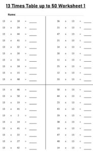 13 Multiplication Table up to 50 Worksheets set Printable Black and White