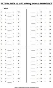 14 times tables up to 10 missing number worksheets