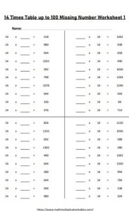 14 times tables up to 100 missing number worksheets