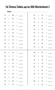 14 times tables up to 100 worksheets