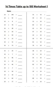 14 times tables up to 100 worksheets