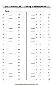 14 times tables up to 12 missing number worksheets