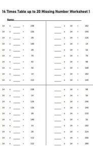 14 times tables up to 20 missing number worksheets