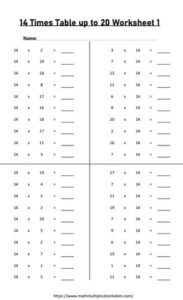 14 times tables up to 20 worksheets