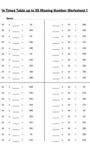 14 times tables up to 50 missing number worksheets