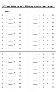 15 times table up to 10 missing number worksheets