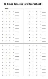 15 times table up to 12 worksheets