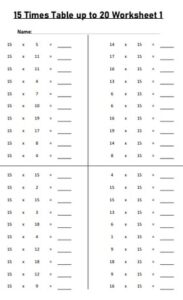 15 times table up to 20 worksheets